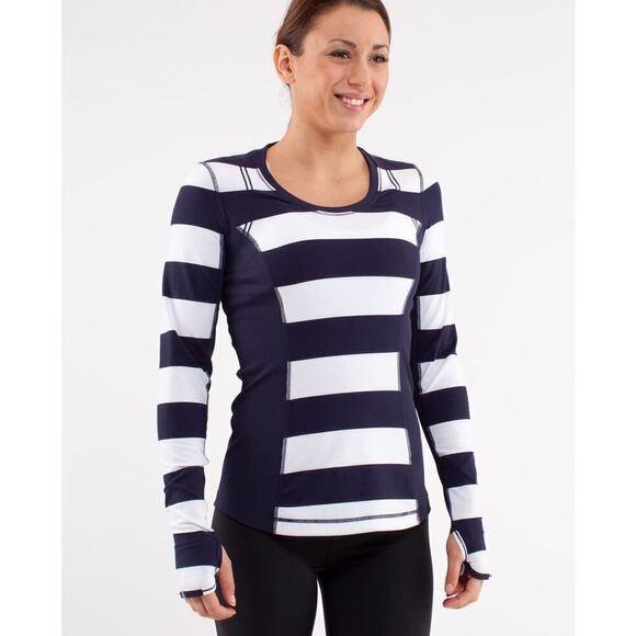 Lululemon Switch Back Long Sleeve Wide Bold Stripe White Deep Indigo Size 6 - Picture 1 of 14